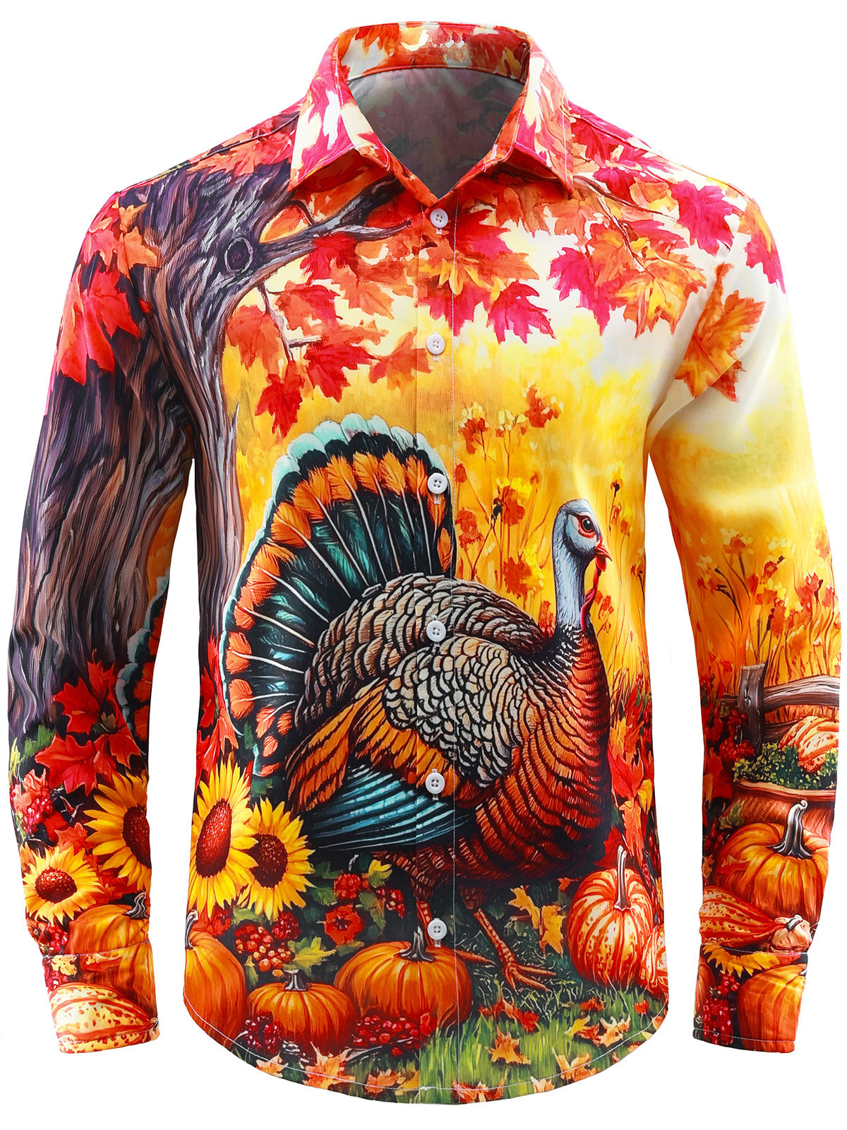Men's Thanksgiving Pumpkin Turkey Holiday Button Long Sleeve Shirt