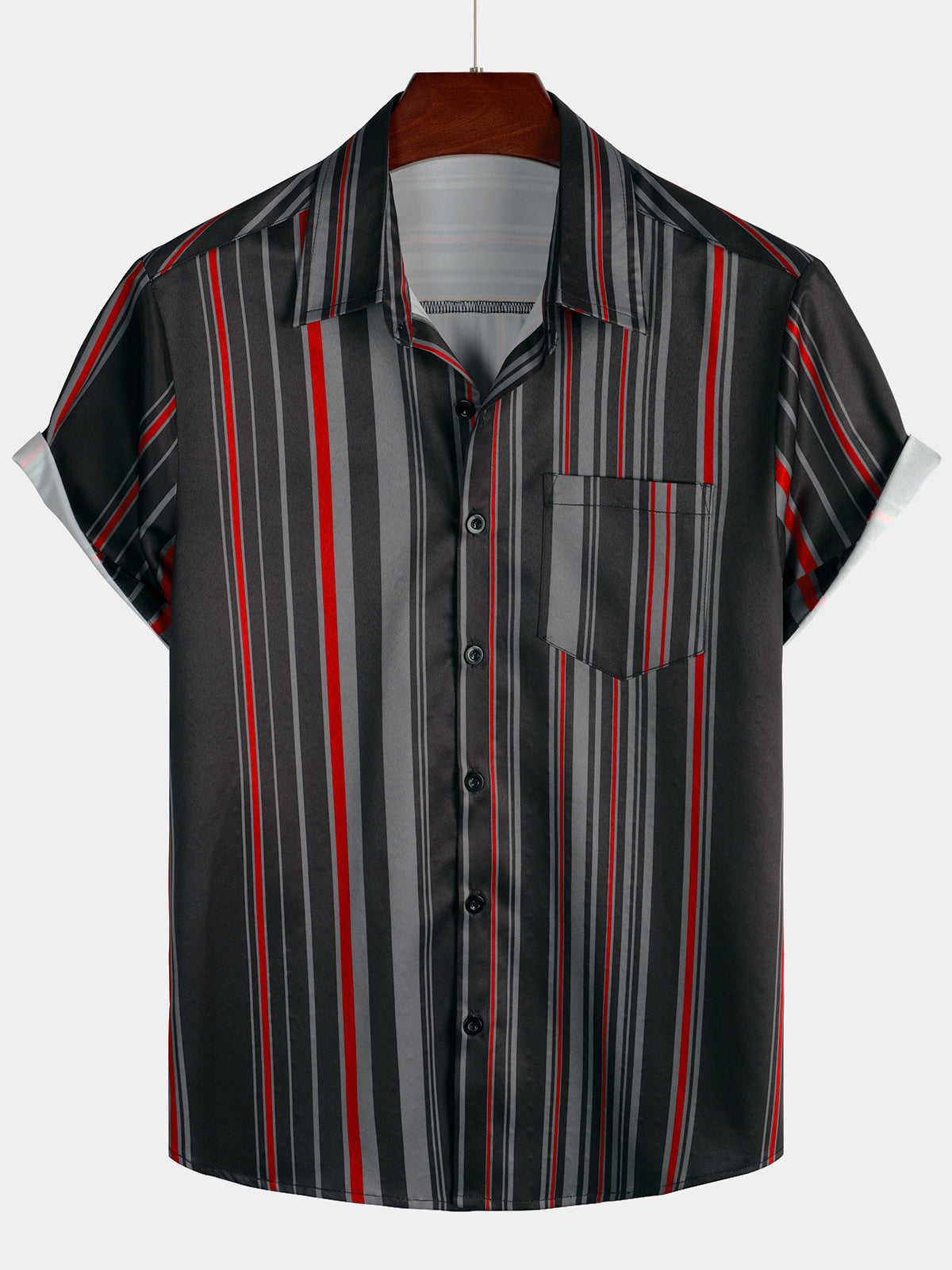 Men's Retro Black And Red Vertical Striped Pocket Vintage 70s Short Sleeve Shirt