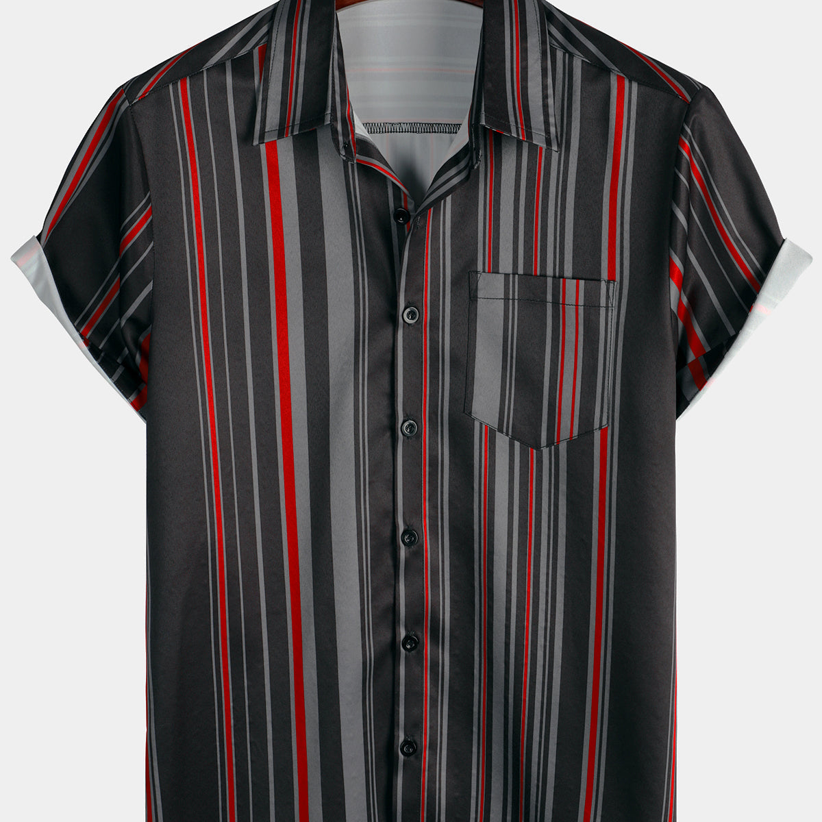 Men's Retro Black And Red Vertical Striped Pocket Vintage 70s Short Sleeve Shirt