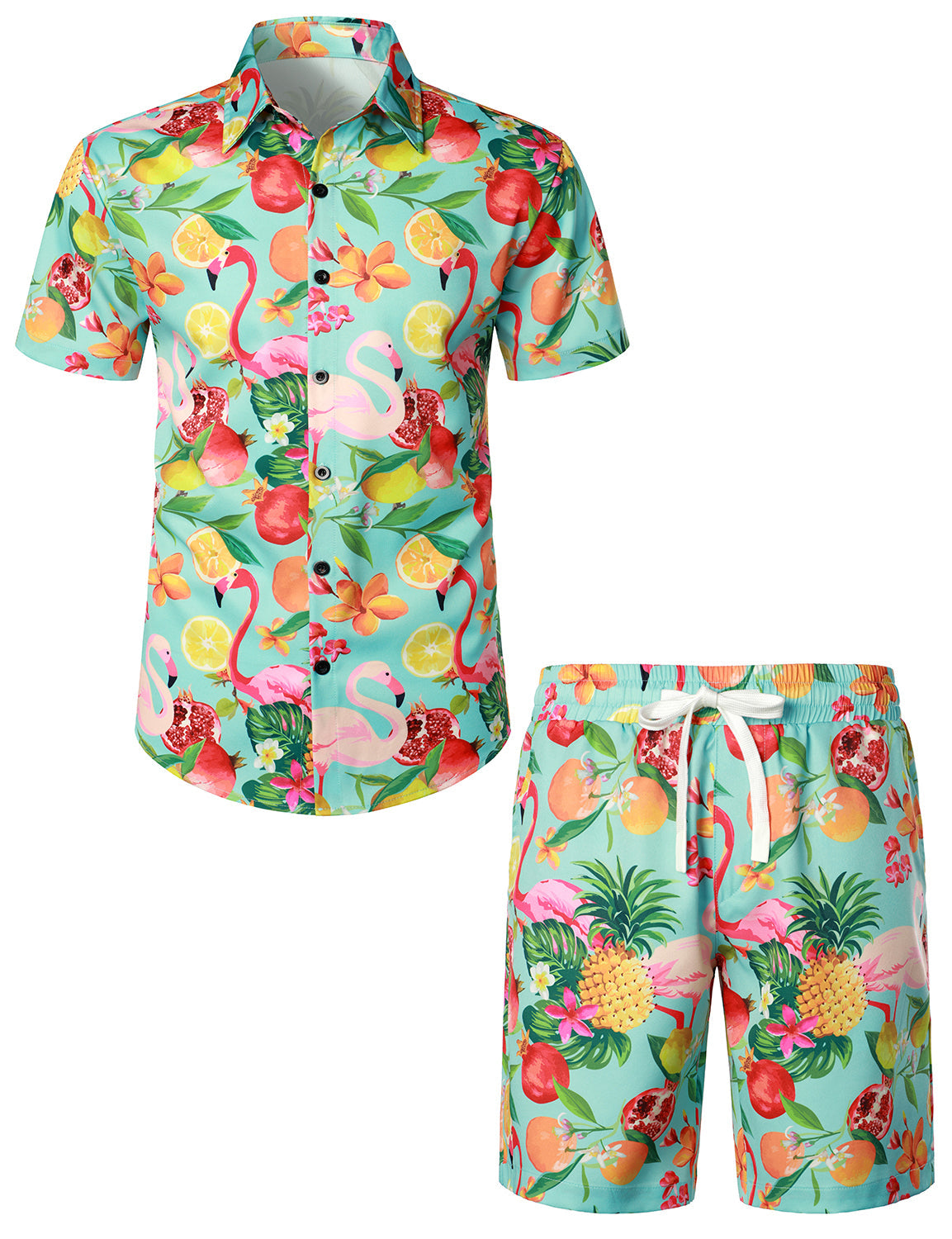 Men's Flamingo Print Hawaiian Shirt & Shorts Set