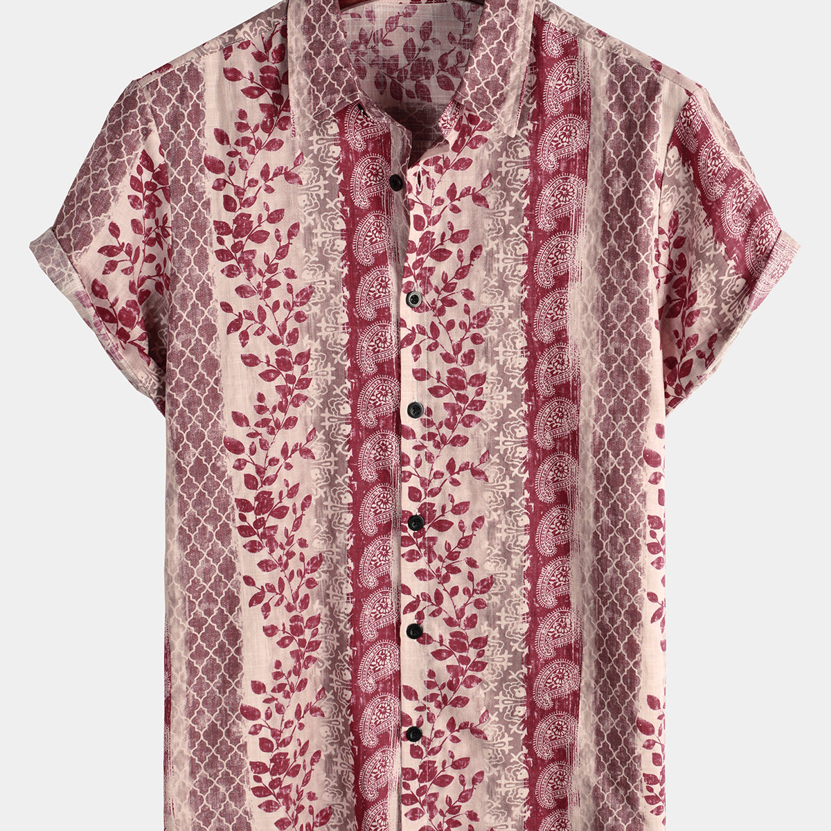 Men's Vintage Floral Paisley Striped Button Up Pink Short Sleeve Shirt