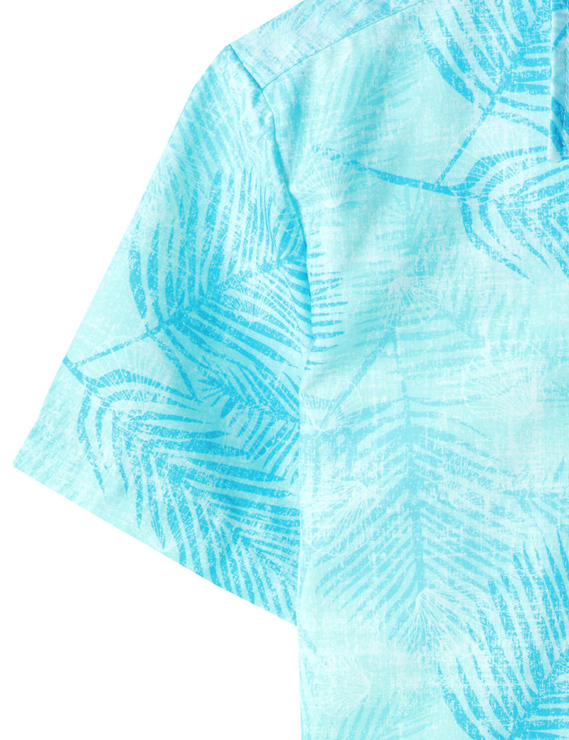 Men's Light Blue Tropical Print Beach Holiday Pocket Short Sleeve Shirt