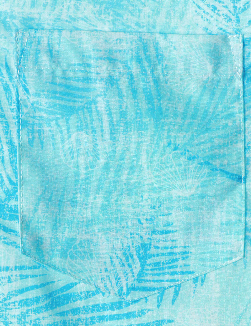Men's Light Blue Tropical Print Beach Holiday Pocket Short Sleeve Shirt