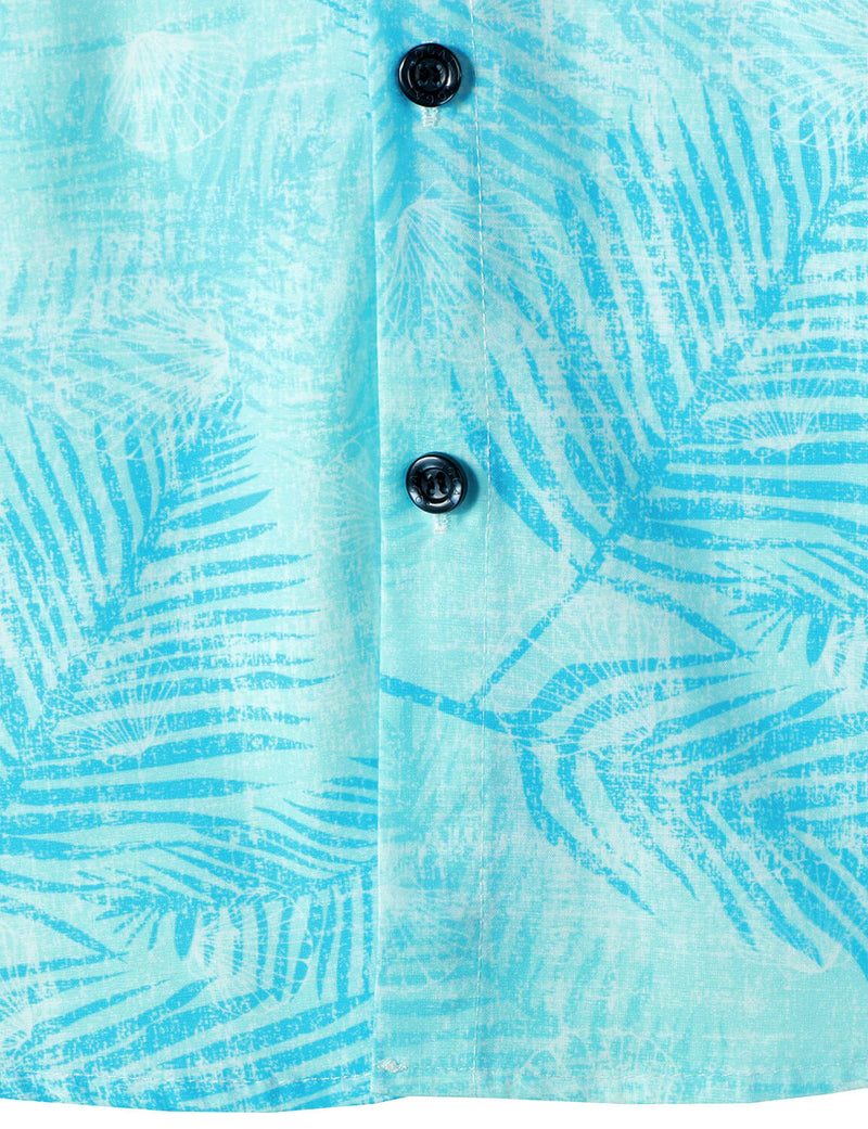 Men's Light Blue Tropical Print Beach Holiday Pocket Short Sleeve Shirt
