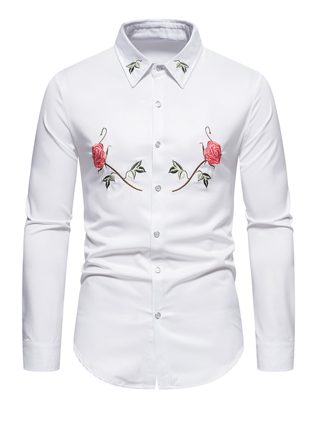 Men's Rose Embroidered Floral Button Up Long Sleeve Dress Shirt