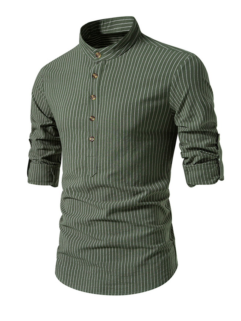 Men's Cotton Vertical Striped Henley Collar Long Sleeve Shirt