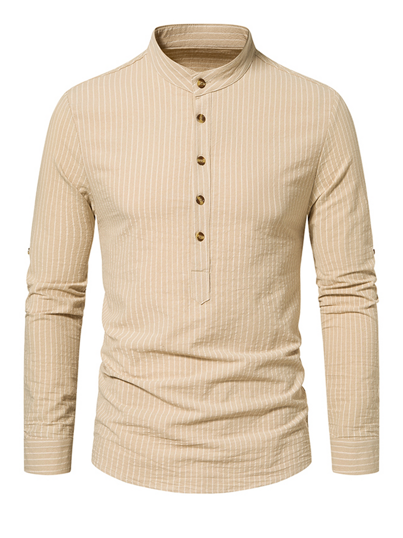 Men's Cotton Vertical Striped Henley Collar Long Sleeve Shirt