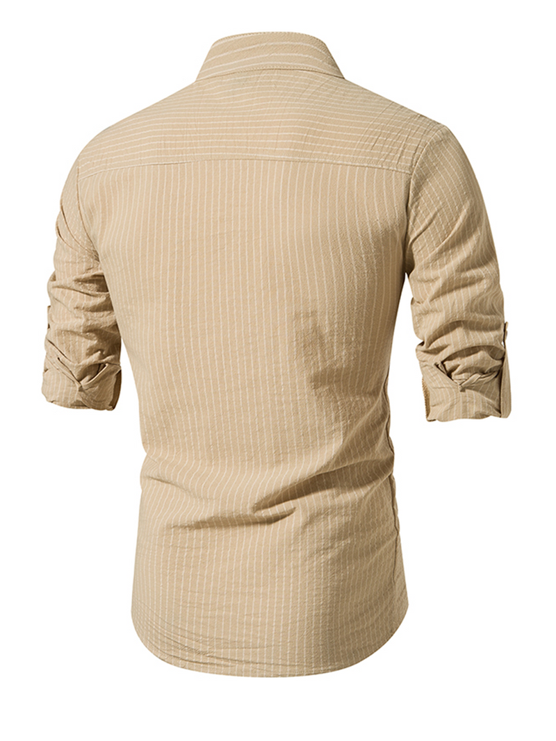 Men's Cotton Vertical Striped Henley Collar Long Sleeve Shirt
