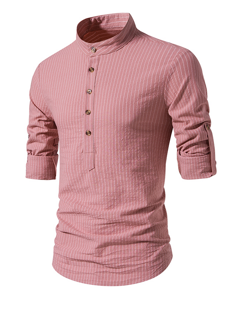 Men's Cotton Vertical Striped Henley Collar Long Sleeve Shirt