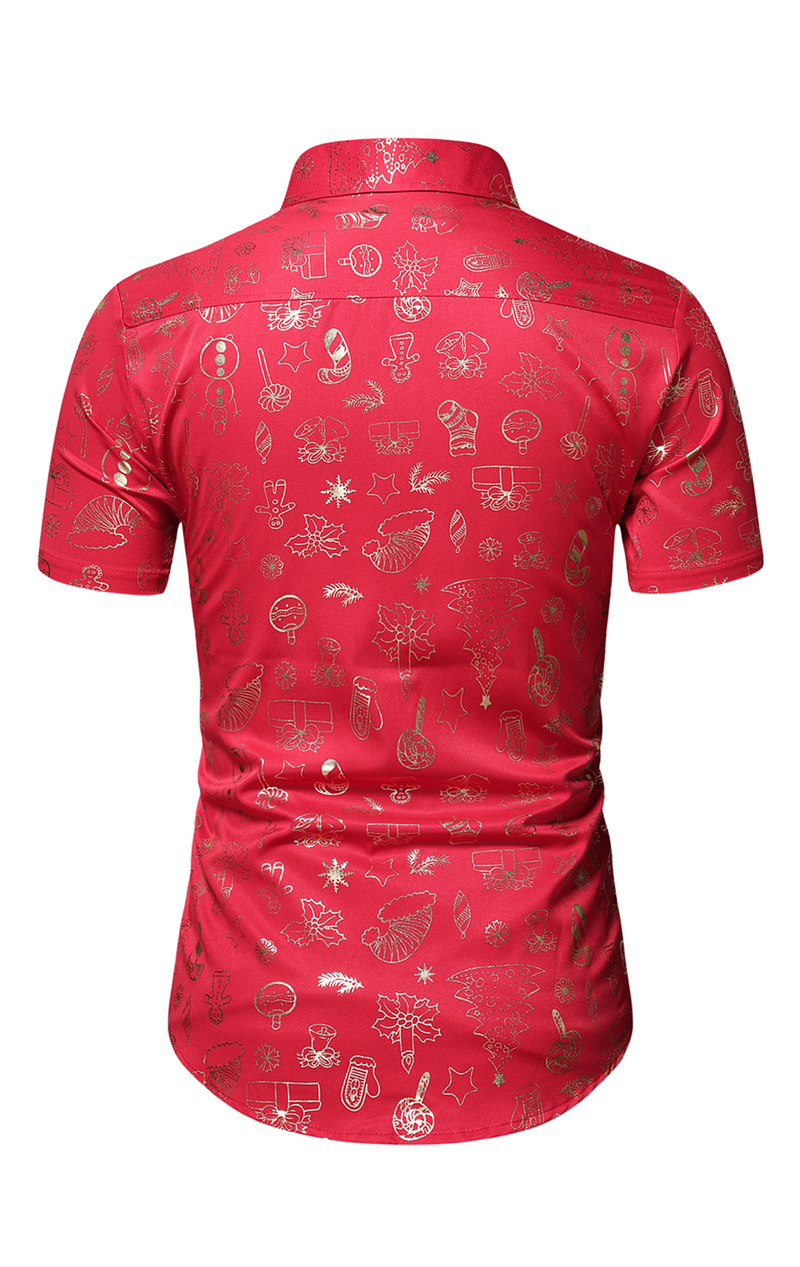 Men's Christmas Gold Print Holiday Party Button Up Short Sleeve Shirt