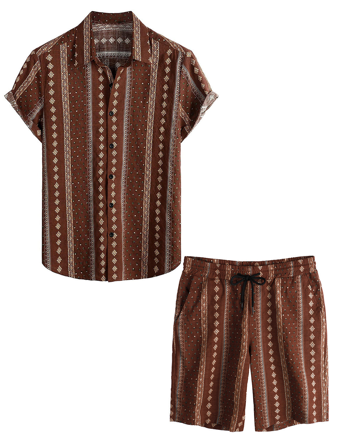 Men's Vintage Casual Button Up Matching Shirt and Shorts Set