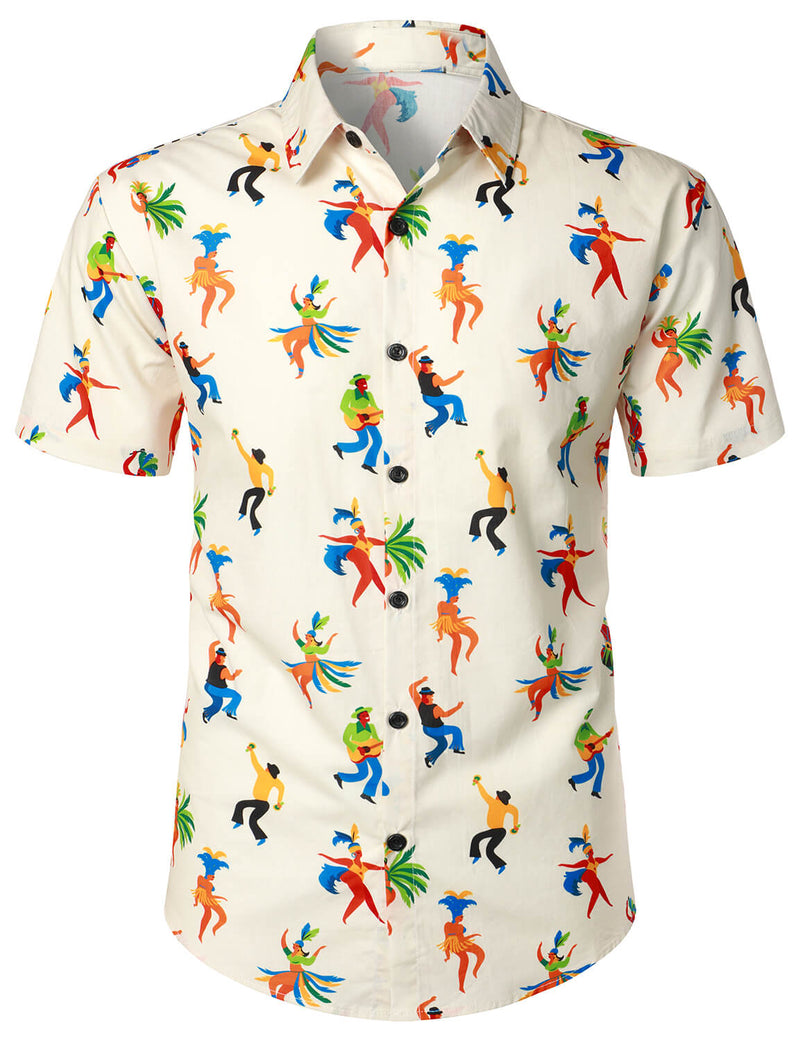 Men's Hula Dance Concert Print Beach Cotton Button Up Hawaiian Tropical Casual Summer Short Sleeve Shirt