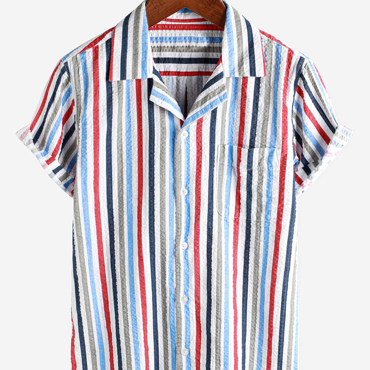 Men's Casual 100% Cotton Striped Pocket Hawaiian Holiday Button Up Short Sleeve Shirt