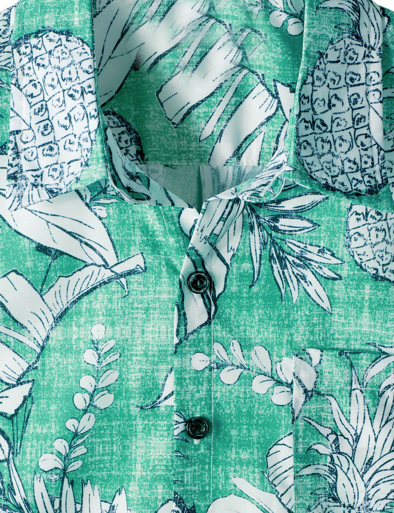 Men's Beach Tropical Pineapple Print Pocket Cool Short Sleeve Green Hawaiian Shirt
