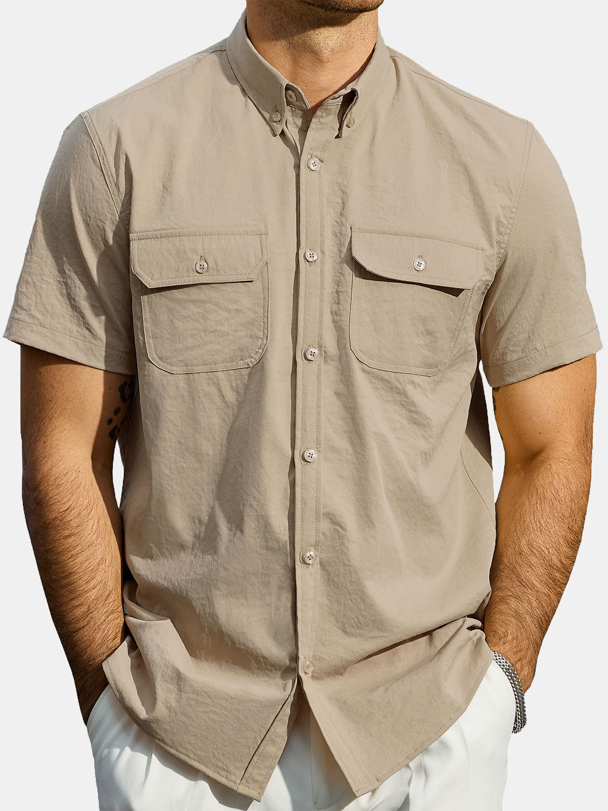Men's Casual Solid Pocket Button Down Shirt