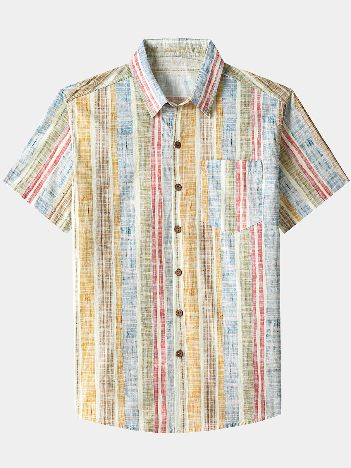 Men’s Vertical Striped Cotton Breathable Cool Resort Vacation Short Sleeve Shirt
