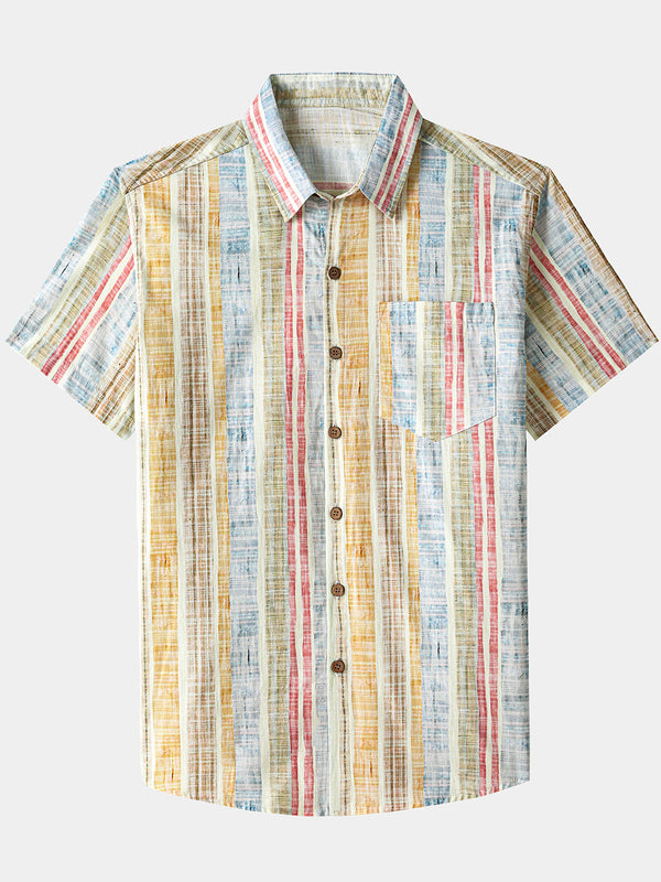 Men’s Vertical Striped Cotton Breathable Cool Resort Vacation Short Sleeve Shirt
