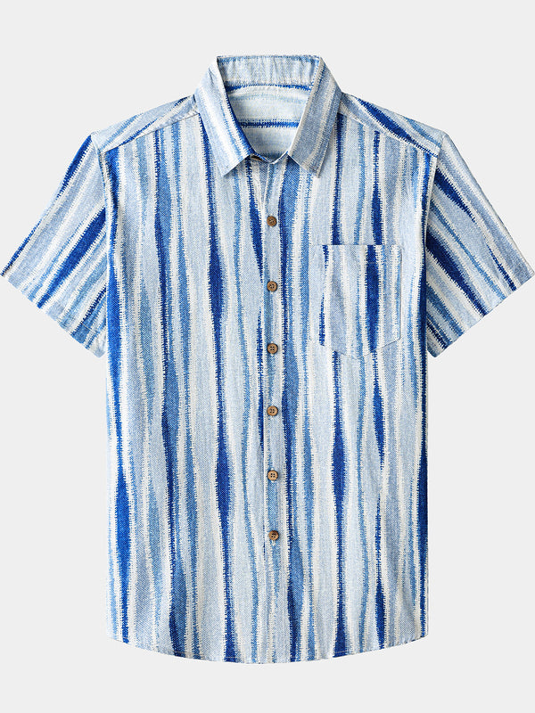 Men’s Retro Tie Dye Vertical Striped Cotton Breathable Cool Resort Vacation Short Sleeve Shirt