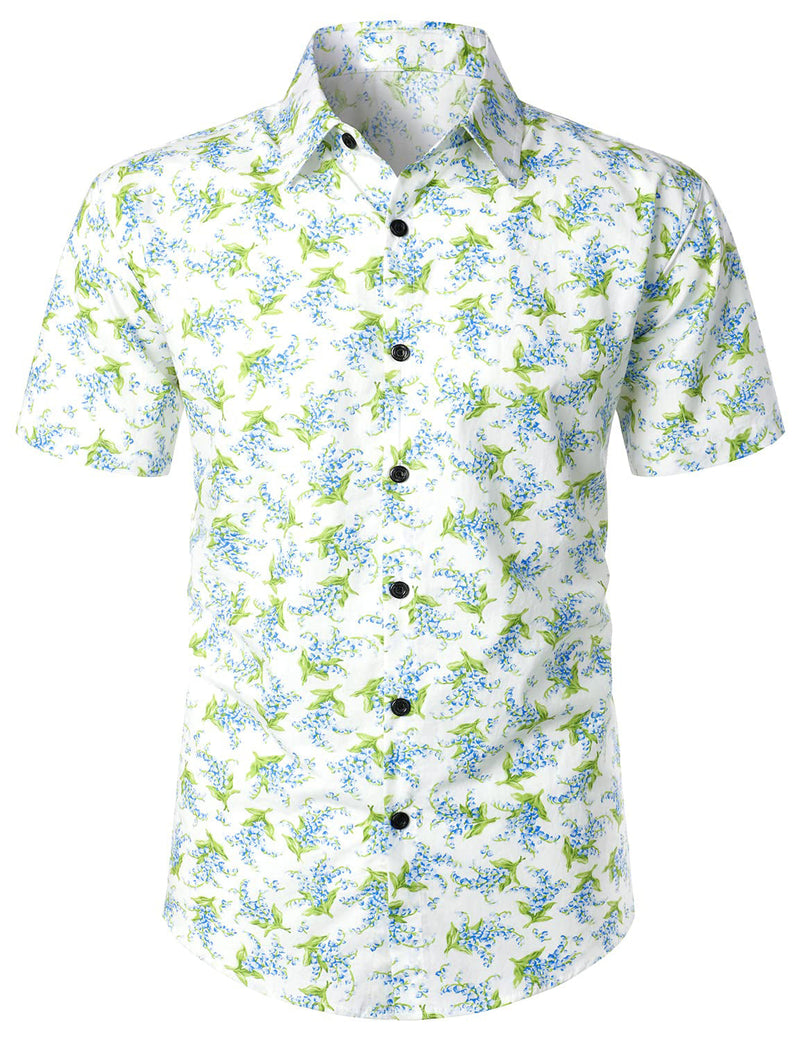 Men's Summer Casual Cotton Floral Print Button White Short Sleeve Shirt