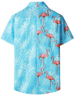 Men's Blue Hawaiian Funny Pink Flamingo Print Cool Summer Button Short Sleeve Shirt