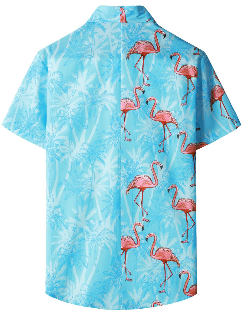 Men's Blue Hawaiian Funny Pink Flamingo Print Cool Summer Button Short Sleeve Shirt
