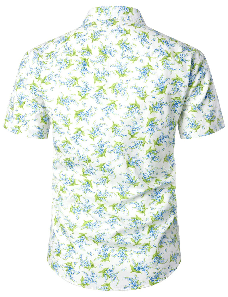Men's Summer Casual Cotton Floral Print Button White Short Sleeve Shirt