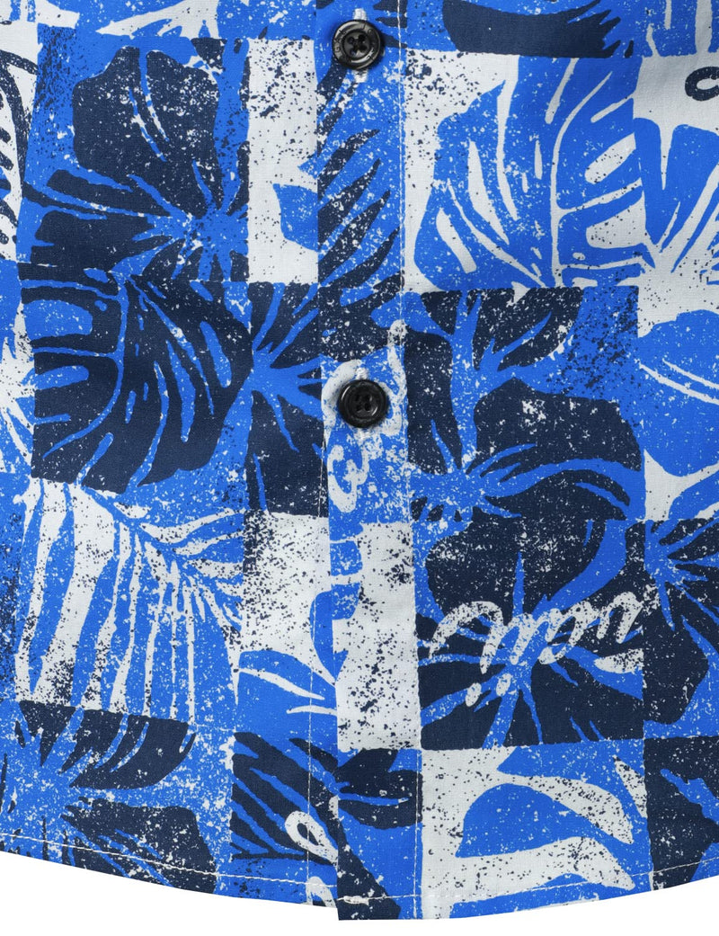 Men's Blue Tropical Print Short Sleeve Cotton Button Up Hawaiian Shirt