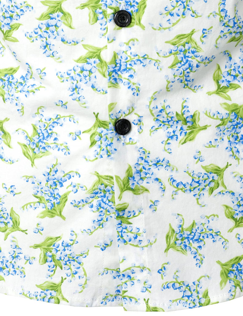 Men's Summer Casual Cotton Floral Print Button White Short Sleeve Shirt