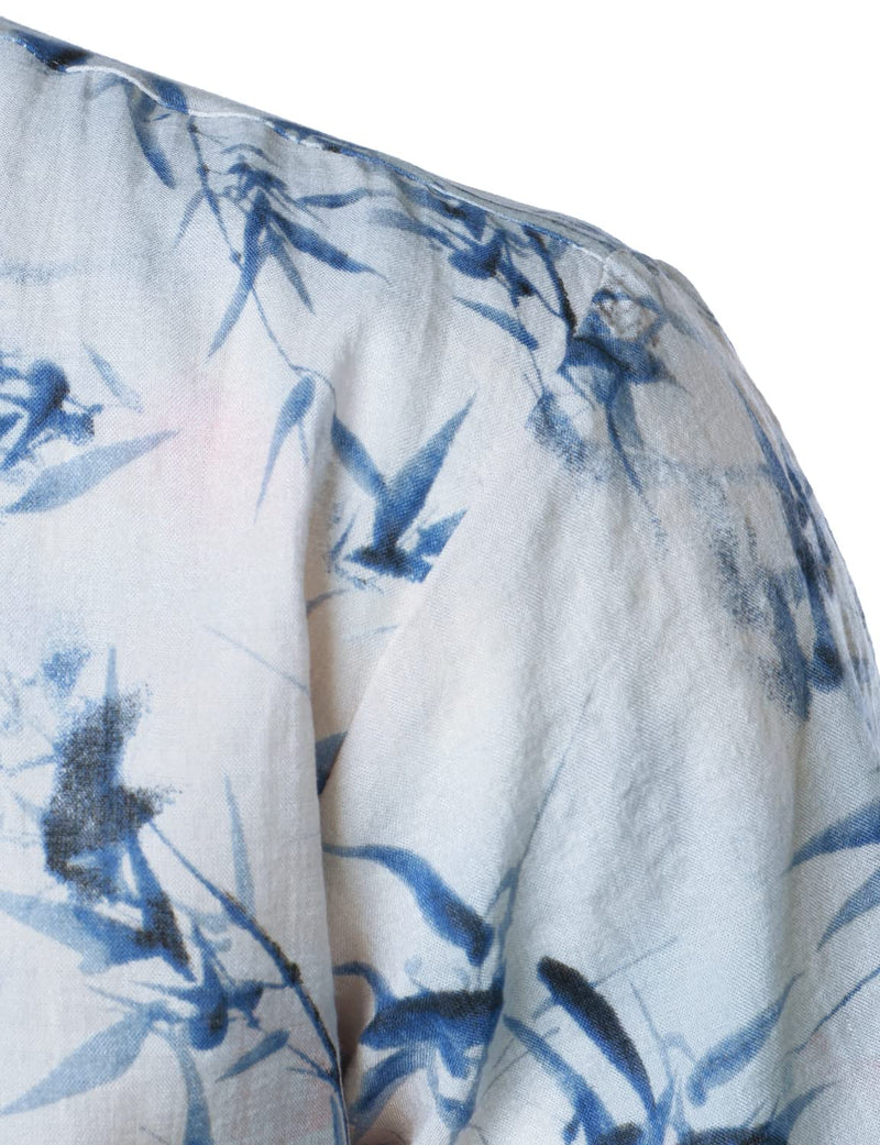 Men's Cotton Bamboo Art Print Button Summer Casual Short Sleeve Light Blue Hawaiian Shirt