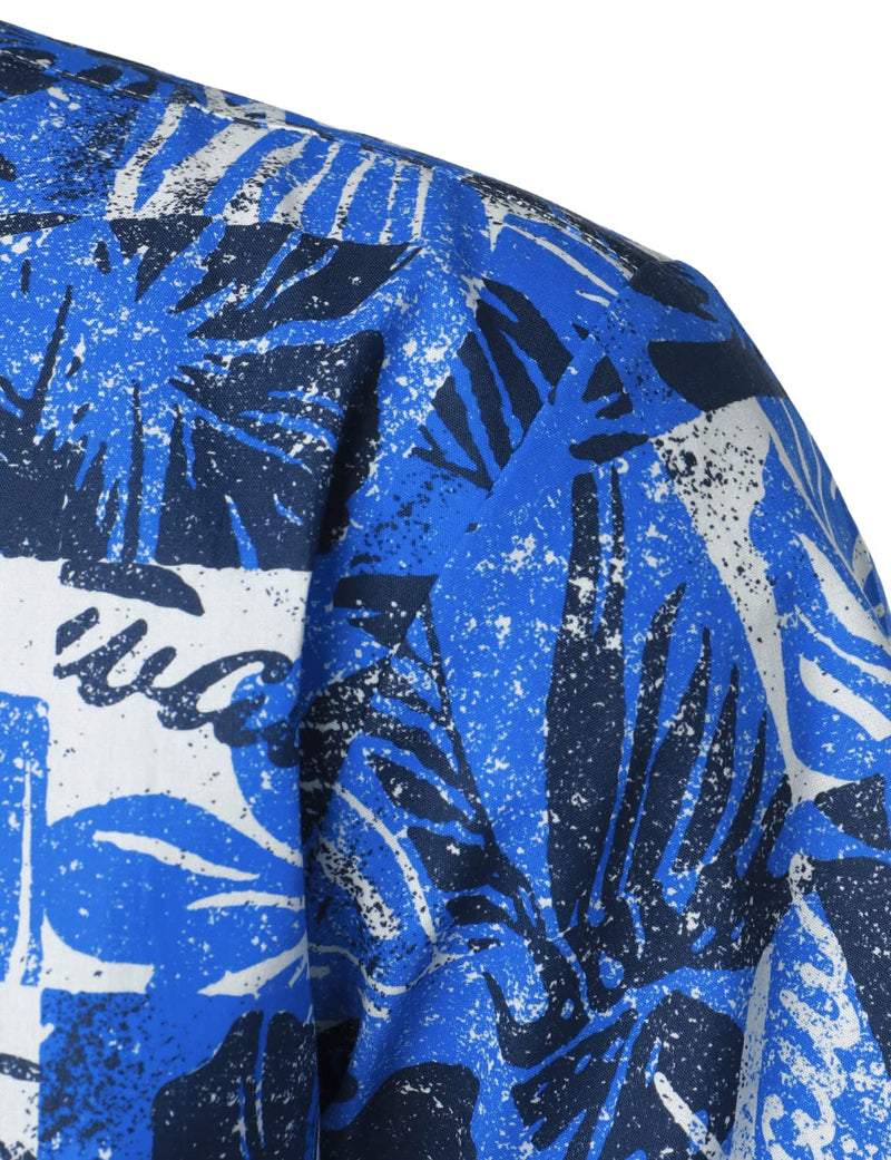 Men's Blue Tropical Print Short Sleeve Cotton Button Up Hawaiian Shirt