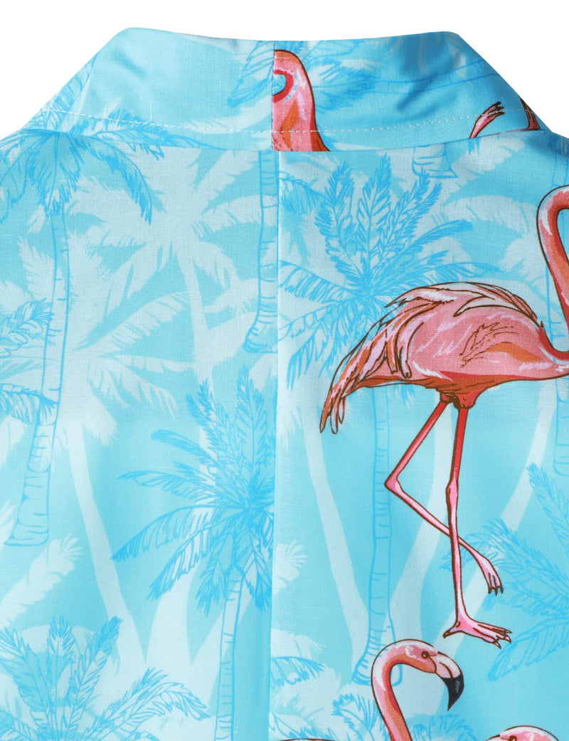Men's Blue Hawaiian Funny Pink Flamingo Print Cool Summer Button Short Sleeve Shirt