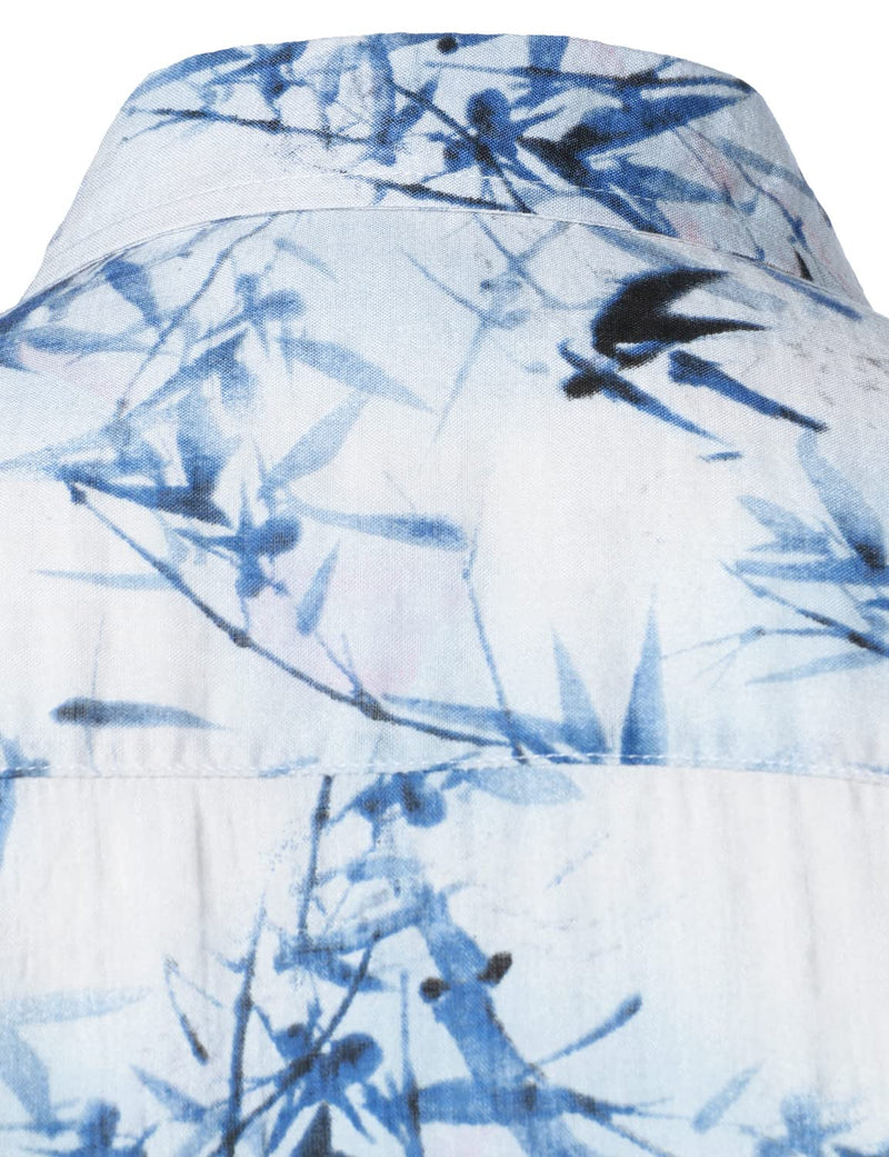 Men's Cotton Bamboo Art Print Button Summer Casual Short Sleeve Light Blue Hawaiian Shirt