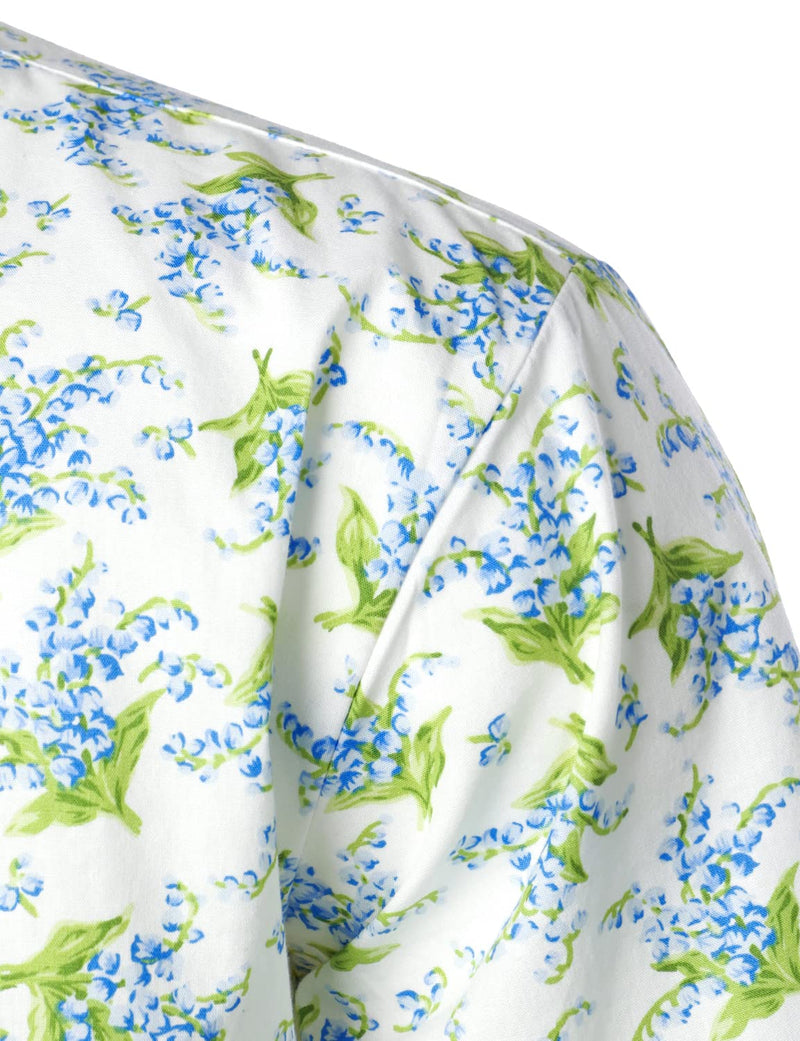 Men's Summer Casual Cotton Floral Print Button White Short Sleeve Shirt