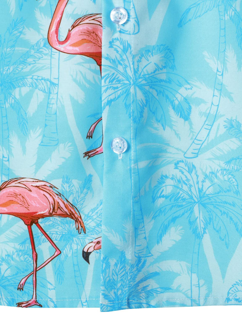 Men's Blue Hawaiian Funny Pink Flamingo Print Cool Summer Button Short Sleeve Shirt