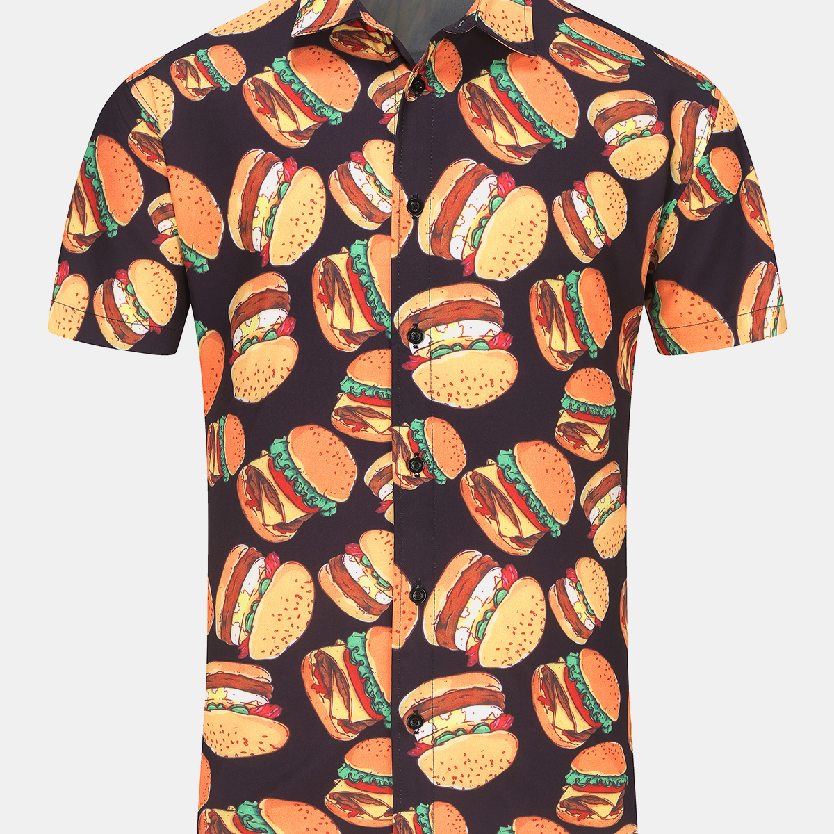 Men's Funny Hamburger Print Casual Funny Hawaiian Short Sleeve Shirt