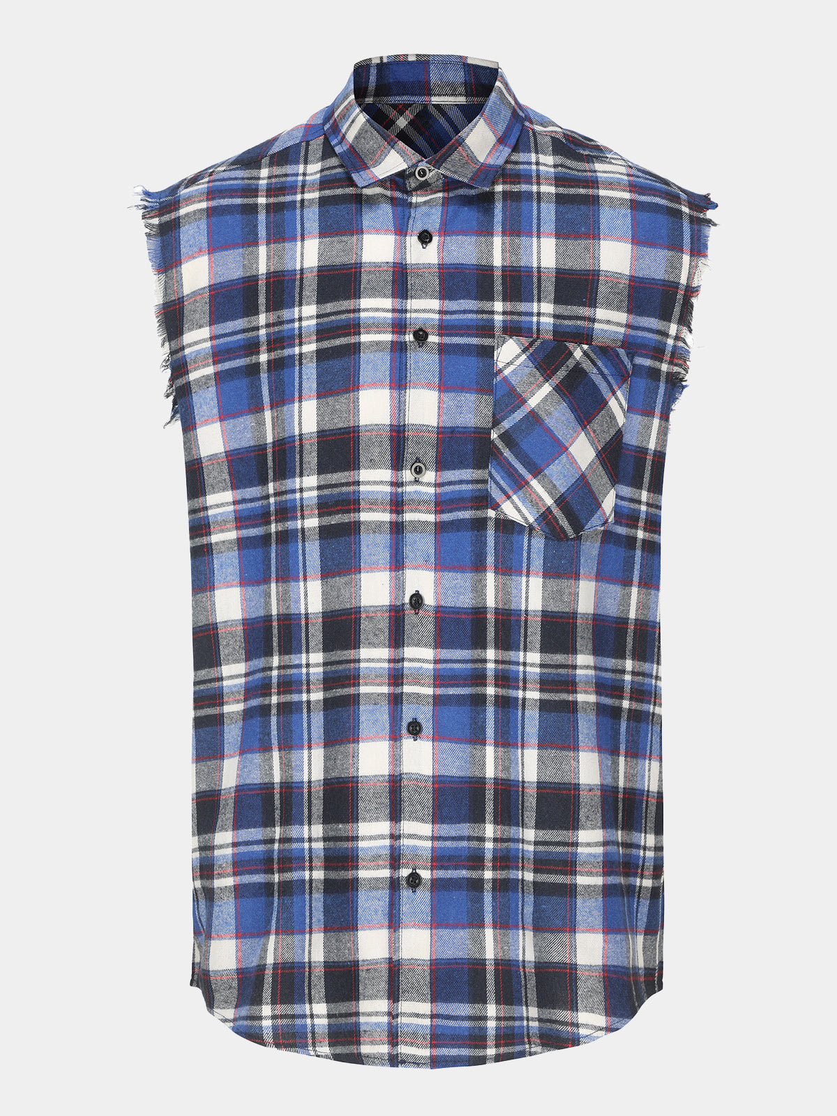 Men's Casual Blue Plaid Sleeveless Beach Shirt