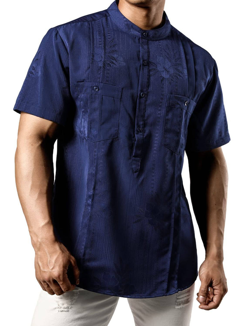 Men's Casual Summer Floral Jacquard Henley Pocket Vacation Hawaiian Short Sleeve Shirt