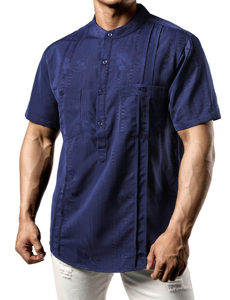 Men's Casual Summer Floral Jacquard Henley Pocket Vacation Hawaiian Short Sleeve Shirt