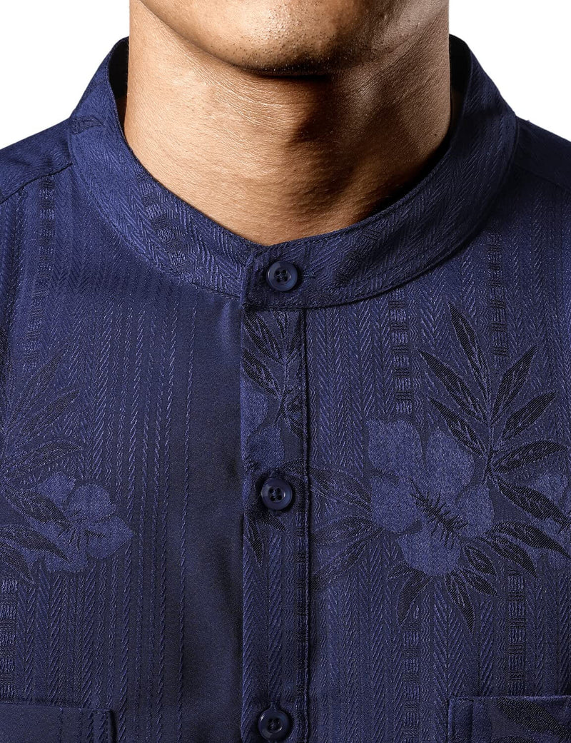 Men's Casual Summer Floral Jacquard Henley Pocket Vacation Hawaiian Short Sleeve Shirt