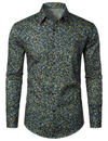 Men's Navy Blue Vintage Floral Cotton Breathable Flower Button Long Sleeve Dress Shirt
