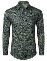 Men's Navy Blue Vintage Floral Cotton Breathable Flower Button Long Sleeve Dress Shirt