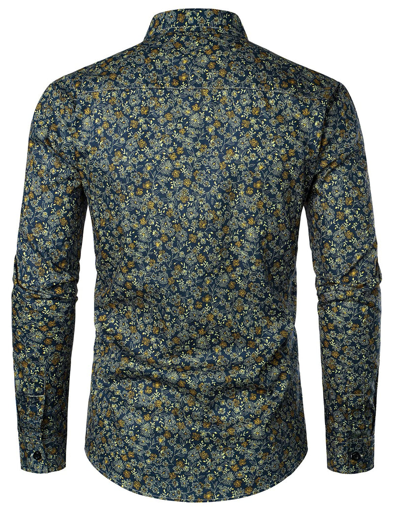 Men's Navy Blue Vintage Floral Cotton Breathable Flower Button Long Sleeve Dress Shirt