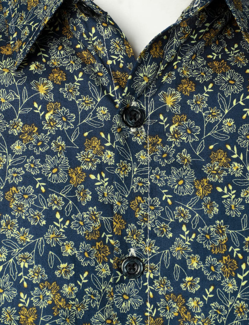 Men's Navy Blue Vintage Floral Cotton Breathable Flower Button Long Sleeve Dress Shirt