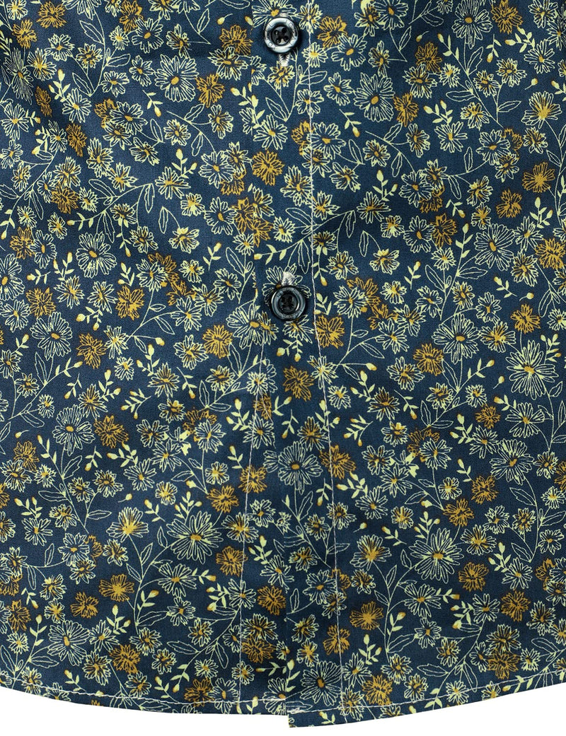 Men's Navy Blue Vintage Floral Cotton Breathable Flower Button Long Sleeve Dress Shirt