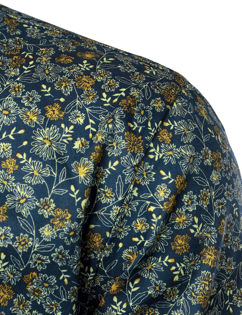 Men's Navy Blue Vintage Floral Cotton Breathable Flower Button Long Sleeve Dress Shirt