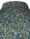 Men's Navy Blue Vintage Floral Cotton Breathable Flower Button Long Sleeve Dress Shirt
