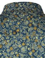 Men's Navy Blue Vintage Floral Cotton Breathable Flower Button Long Sleeve Dress Shirt