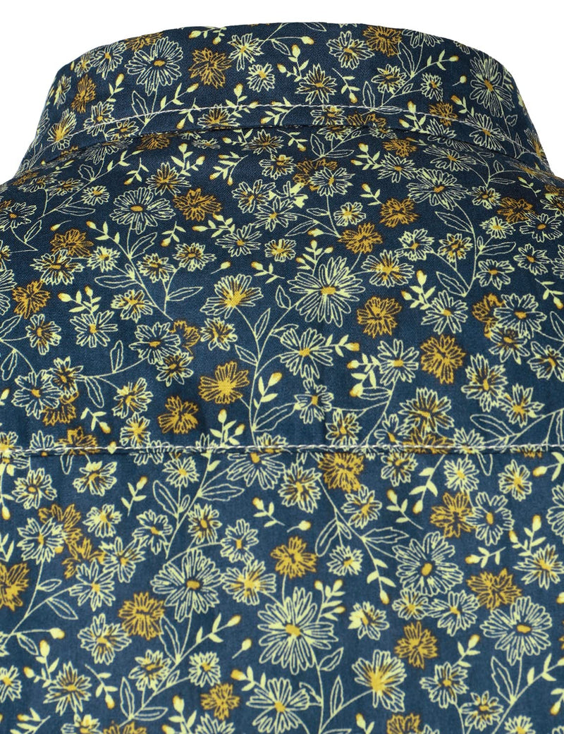 Men's Navy Blue Vintage Floral Cotton Breathable Flower Button Long Sleeve Dress Shirt
