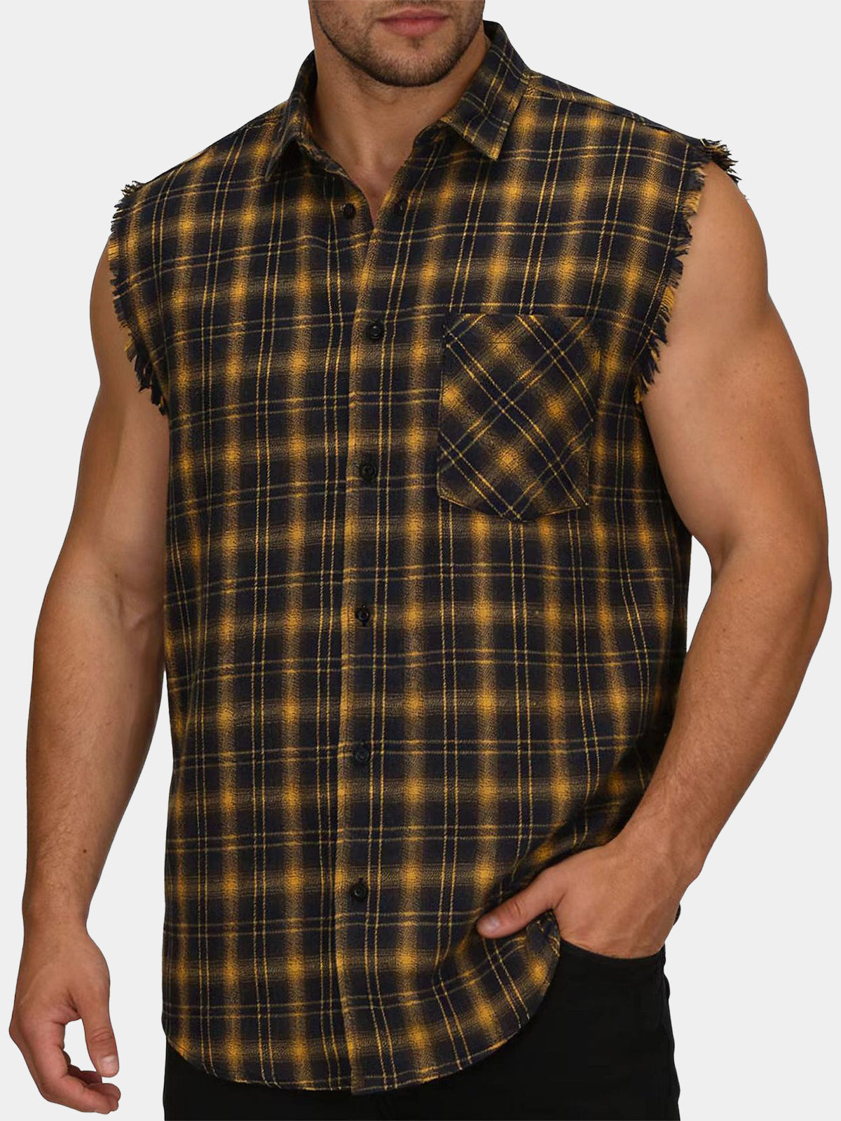Men's Summer Casual Yellow Plaid Sleeveless Shirt