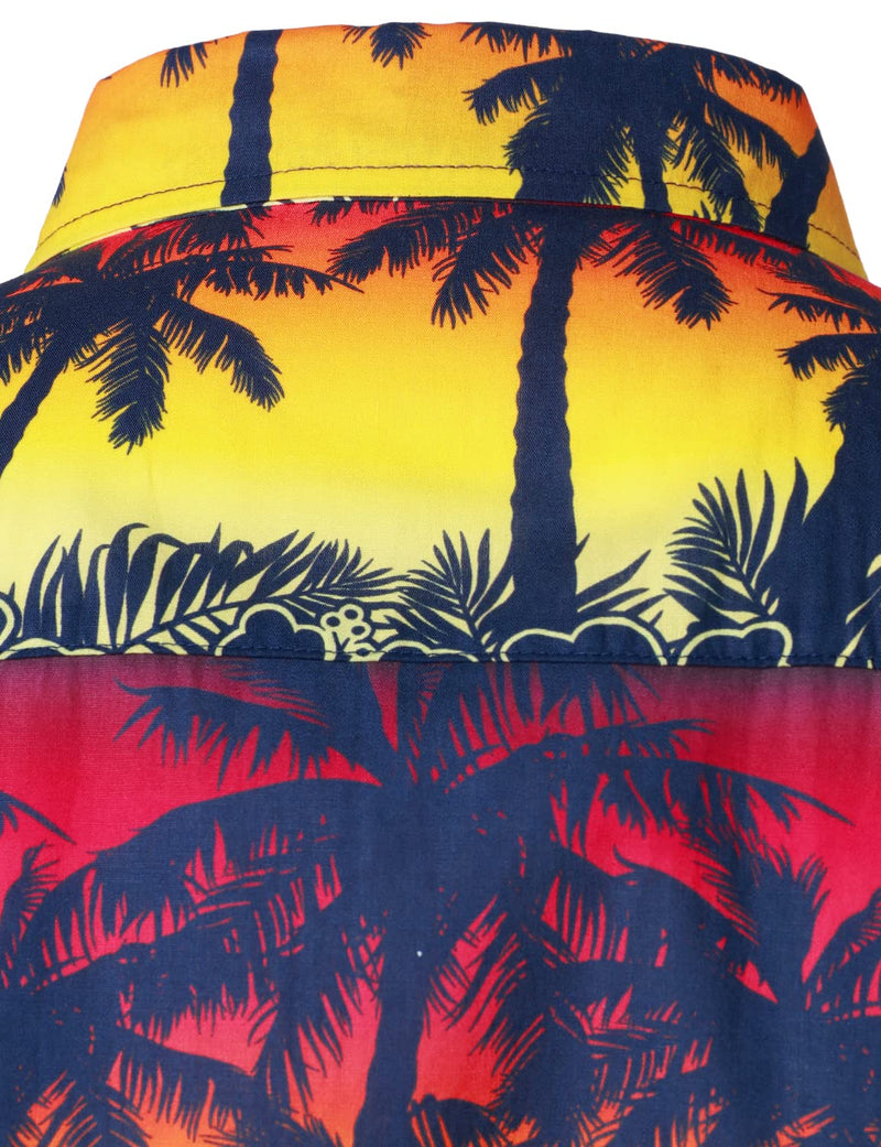 Men's Orange Hawaiian Tropical Palm Tree Floral Beach Button 100% Cotton Short Sleeve Shirt